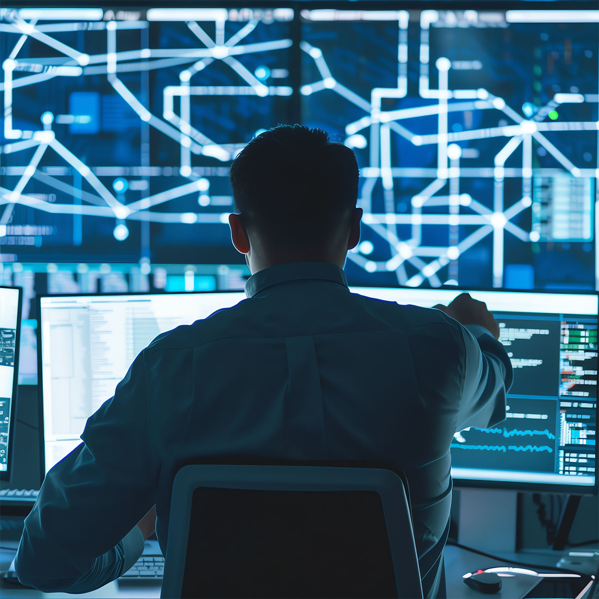 Cybersecurity expert analyzing an intricate network diagram displayed on multiple monitors, focusing on threat detection
